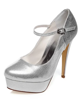 Sparkly Pumps Wedding Shoes With Ankle Strap 5 Inch Stiletto Heels With Platform Silver Bridal Shoes
