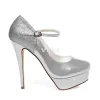 Sparkly Pumps Wedding Shoes With Ankle Strap 5 Inch Stiletto Heels With Platform Silver Bridal Shoes
