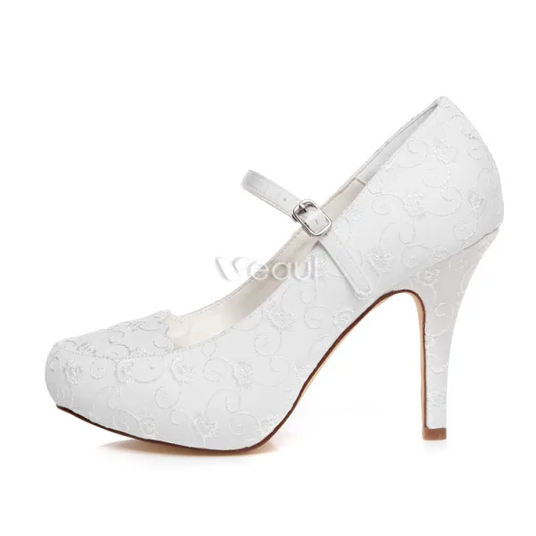 Elegant Pumps White Wedding Shoes 4 Inch Stiletto Heels Embroidered Satin Bridal Shoes High Heels