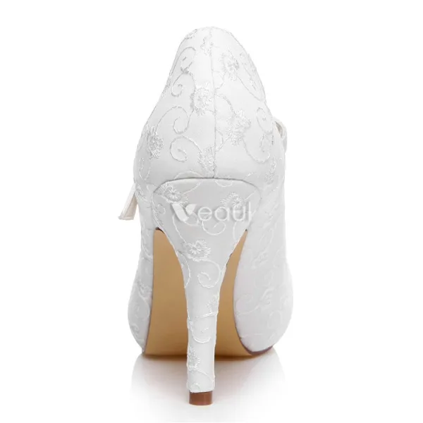 Elegant Pumps White Wedding Shoes 4 Inch Stiletto Heels Embroidered Satin Bridal Shoes High Heels