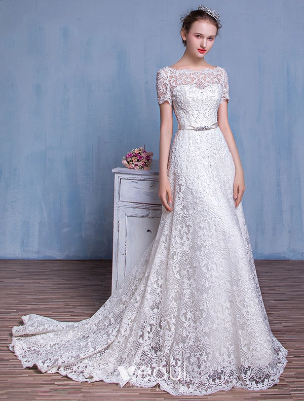 High-grade Wedding Dress A-line Beading White Lace Bridal Gown With Rhinestones Sash