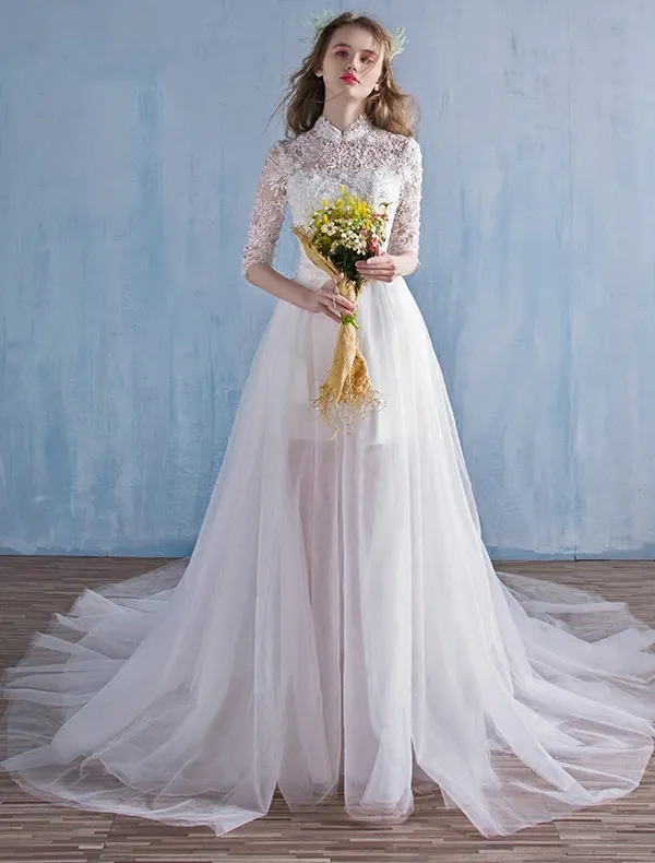 Elegant Beach Wedding Dresses 2016 A-line High Neck Lace Bridal Gown With Detachable Train