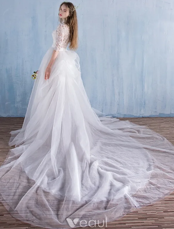 Robes De Mariage De Plage Élégantes 2016 Une Ligne De Dentelle Col Haut Robe De Mariée Avec Le Train Amovible