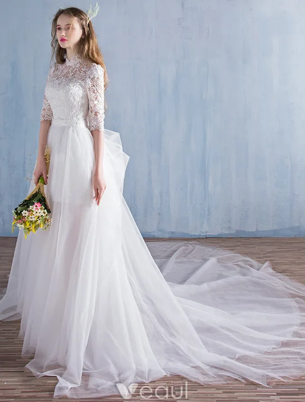 Robes De Mariage De Plage Élégantes 2016 Une Ligne De Dentelle Col Haut Robe De Mariée Avec Le Train Amovible