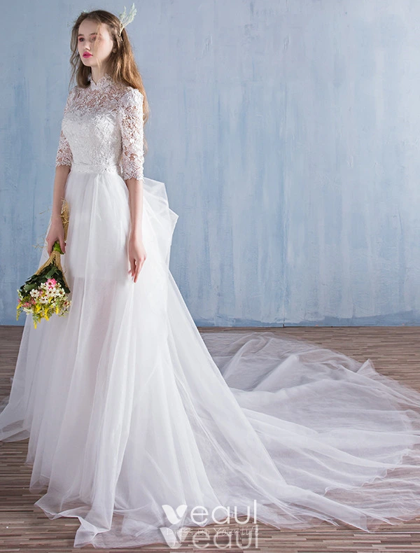 Elegant Beach Wedding Dresses 2016 A Line High Neck Lace Bridal Gown With  Detachable Train