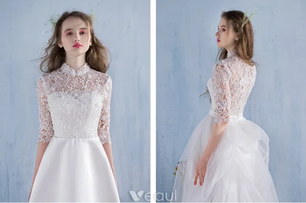 Robes De Mariage De Plage Élégantes 2016 Une Ligne De Dentelle Col Haut Robe De Mariée Avec Le Train Amovible