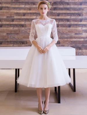 Elegant Wedding Dresses 2016 A Line Scoop Lace Neckline Applique Lace Backless Tea Length Bridal Gown With Bow Sash
