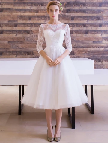 Elegant Wedding Dresses 2016 A Line Scoop Lace Neckline Applique Lace Backless Tea Length Bridal Gown With Bow Sash