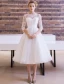Elegant Wedding Dresses 2016 A-line Scoop Lace Neckline Applique Lace Backless Tea Length Bridal Gown With Bow Sash