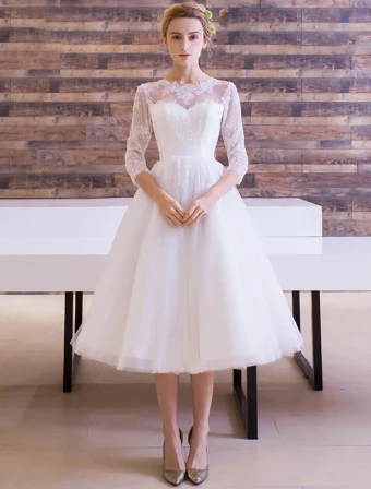 Robes De Mariée Élégantes 2016 Une Ligne De Dentelle Encolure Dentelle Sans Dos Appliques De Thé Longueur Robe De Mariée Avec Un Noeud Ceinture
