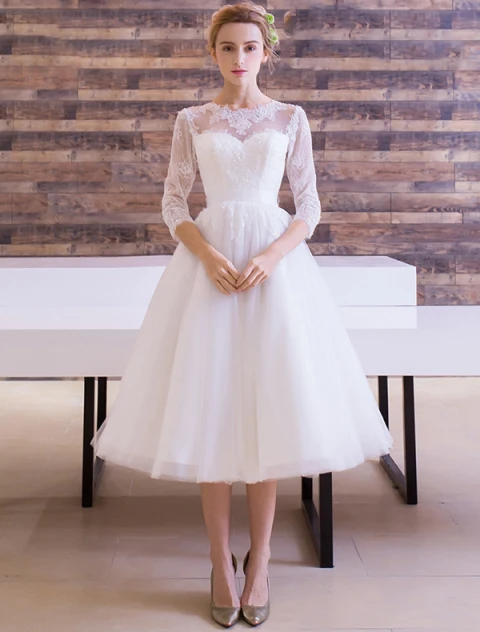 Elegant Wedding Dresses 2016 A-line Scoop Lace Neckline Applique Lace Backless Tea Length Bridal Gown With Bow Sash