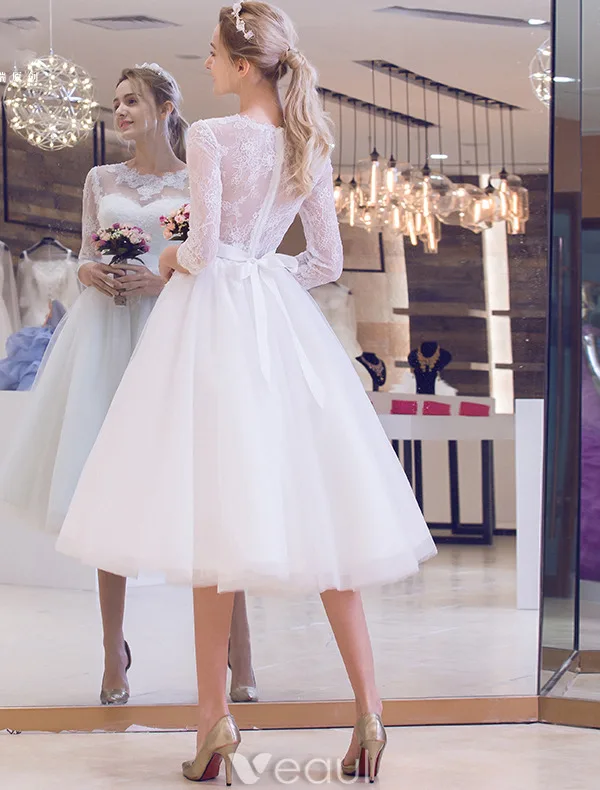 Elegant Wedding Dresses 2016 A-line Scoop Lace Neckline Applique Lace Backless Tea Length Bridal Gown With Bow Sash