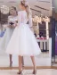 Elegant Wedding Dresses 2016 A-line Scoop Lace Neckline Applique Lace Backless Tea Length Bridal Gown With Bow Sash