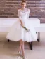 Elegant Wedding Dresses 2016 A-line Scoop Lace Neckline Applique Lace Backless Tea Length Bridal Gown With Bow Sash