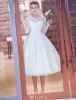 Elegant Wedding Dresses 2016 A-line Scoop Lace Neckline Applique Lace Backless Tea Length Bridal Gown With Bow Sash