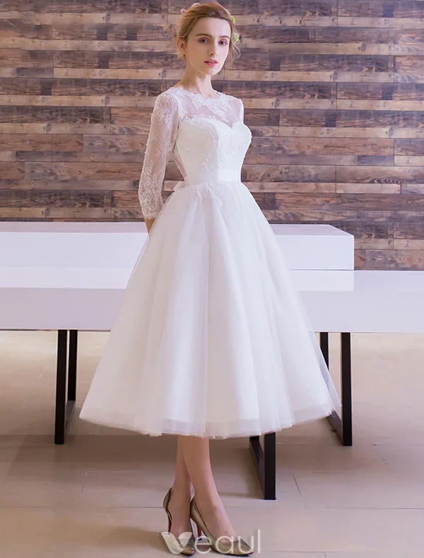 Elegant Wedding Dresses 2016 A Line Scoop Lace Neckline Applique Lace Backless Tea Length Bridal Gown With Bow Sash Elegant Wedding Dresses 2016 A Line Scoop Lace Neckline Applique Lace Backless Tea Length Bridal Gown With Bow Sash