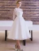 Elegant Wedding Dresses 2016 A-line Scoop Lace Neckline Applique Lace Backless Tea Length Bridal Gown With Bow Sash