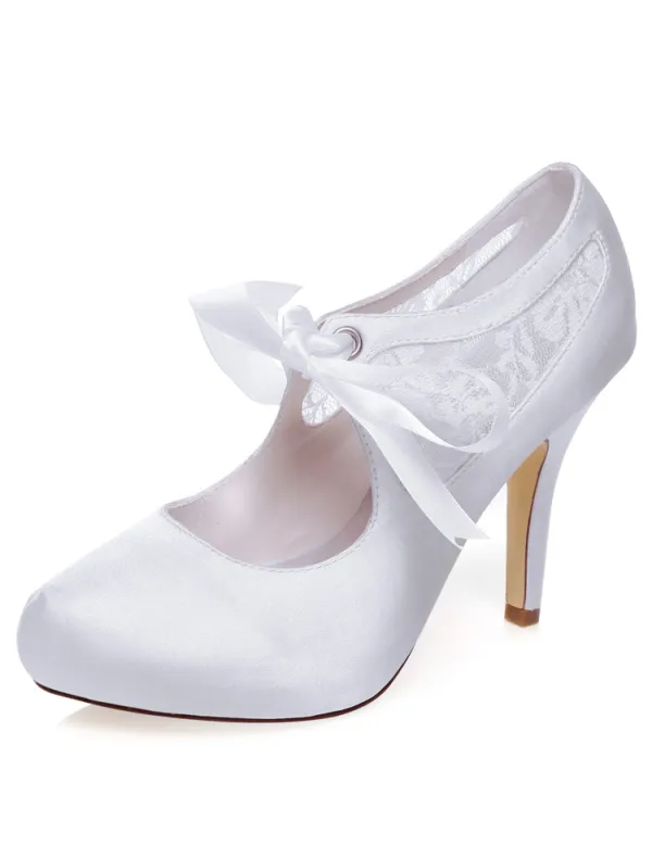 Beautiful White Bridal Pumps Stiletto Heels Lace Wedding Shoes High Heel With Bow