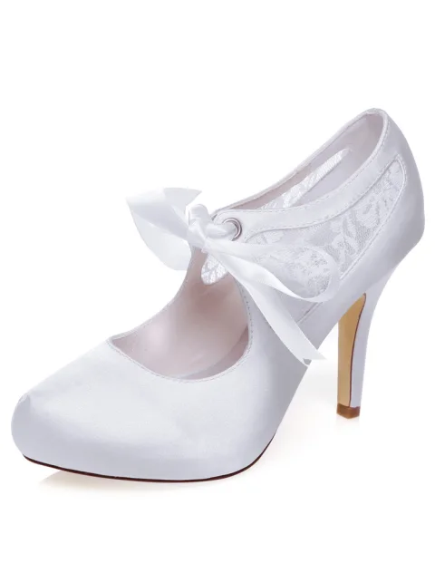 Beautiful White Bridal Pumps Stiletto Heels Lace Wedding Shoes High Heel With Bow