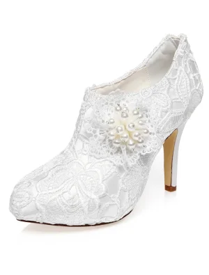 2016 Bottines De Mariée Luxe Stiletto Talons Hauts Chaussures De Mariée Blanc En Dentelle Avec Perle
