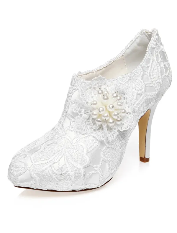 Luxus Braut Ankle Boots 2016 Stilettos High Heels Weiße Spitze Brautschuhe Mit Perle