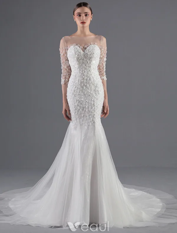 Sexy Brautkleider 2016 Seejungfrau Applikation Blumen Pailletten Weißen Tüll Rückenfrei Brautkleid Mit Abdeckknopf