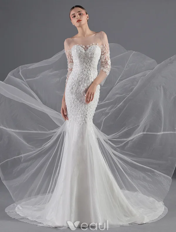 Sexy Brautkleider 2016 Seejungfrau Applikation Blumen Pailletten Weißen Tüll Rückenfrei Brautkleid Mit Abdeckknopf