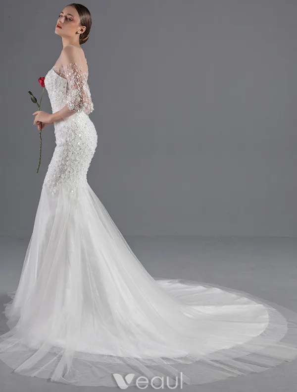 Sexy Brautkleider 2016 Seejungfrau Applikation Blumen Pailletten Weißen Tüll Rückenfrei Brautkleid Mit Abdeckknopf