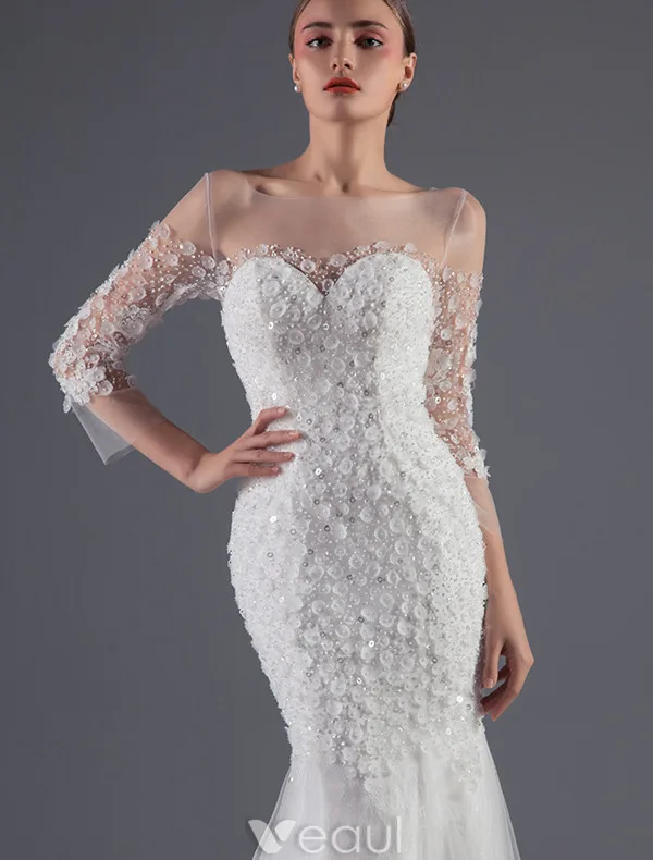 Sexy Brautkleider 2016 Seejungfrau Applikation Blumen Pailletten Weißen Tüll Rückenfrei Brautkleid Mit Abdeckknopf