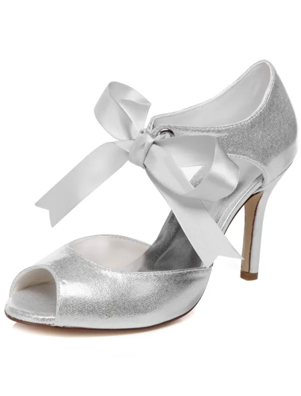 Sparkly Wedding Sandals With Ankle Strap 9 cm Stiletto Heels Silver Bridal Shoes Peep Toe Glitter High Heel