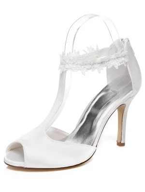 Sandales De Mariage Simple Avec Sangle Cheville De Dentelle 9 Cm Stilettos Chaussures De Mariée Blanches Peep Toe Talon Haut