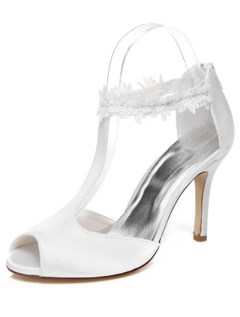 Simple Wedding Sandals With Lace Ankle Strap 9 Cm Stiletto Heels White Bridal Shoes Peep Toe High Heel