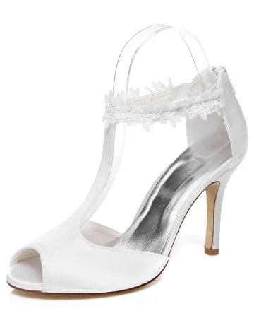 Simple Wedding Sandals With Lace Ankle Strap 9 Cm Stiletto Heels White Bridal Shoes Peep Toe High Heel