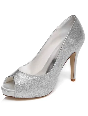 Glittrande Bröllopsskor Med Blänka Hög Klack Silver Brudskor Pumps Stilettklackar