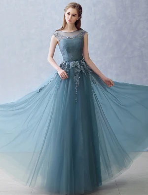 Elegant Stroppeløs Selskapskjoler 2016 A Linje Scoop Hals Applique Blonder Ruffle Tyll Lang Kjole