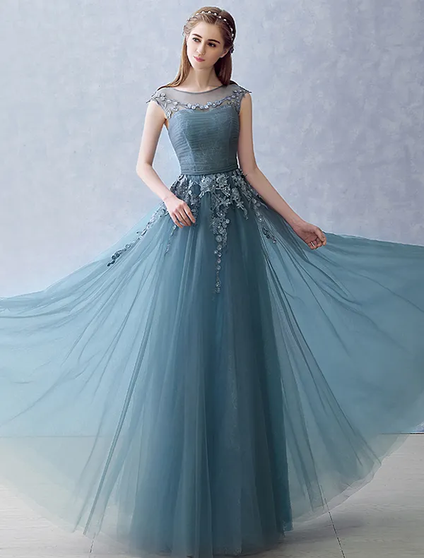 Elegant Trägerlosen Abendkleid 2016 A-line-spitze U-ausschnitt Rüschen Tüll Langes Kleid