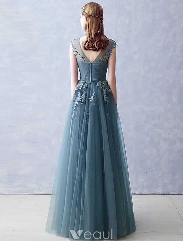 Elegant Strapless Evening Dress 2016 A-line Scoop Neckline Applique Lace Ruffle Tulle Long Dress