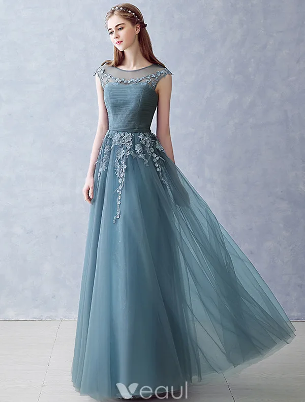 Elegant Strapless Evening Dress 2016 A-line Scoop Neckline Applique Lace Ruffle Tulle Long Dress