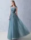 Elegant Strapless Evening Dress 2016 A-line Scoop Neckline Applique Lace Ruffle Tulle Long Dress