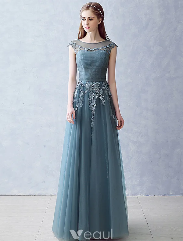Elegant Strapless Evening Dress 2016 A-line Scoop Neckline Applique Lace Ruffle Tulle Long Dress