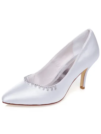 Klassiske Sateng Brudesko Hvite Pumps 8cm Høy Hæl Bryllupssko Stiletthæler