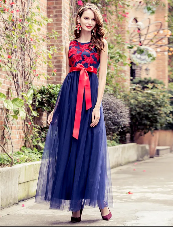 Charming Prom Dresses 2016 Empire Applique Red Lace Royal Blue Tulle Long Dress With Red Bow Sash