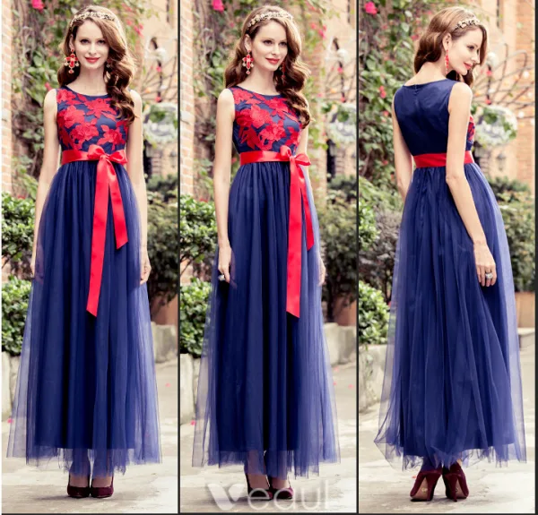 Charming Prom Dresses 2016 Empire Applique Red Lace Royal Blue Tulle Long Dress With Red Bow Sash