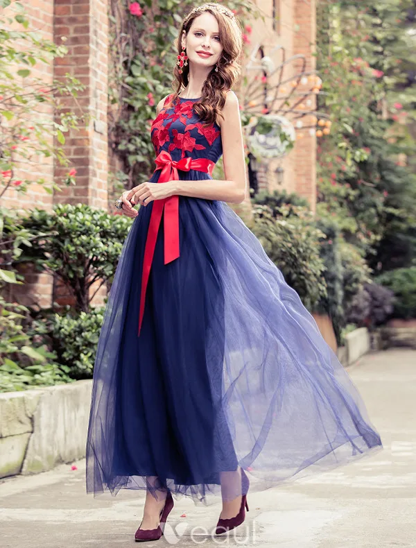 Charming Prom Dresses 2016 Empire Applique Red Lace Royal Blue Tulle Long Dress With Red Bow Sash