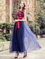Charming Prom Dresses 2016 Empire Applique Red Lace Royal Blue Tulle Long Dress With Red Bow Sash