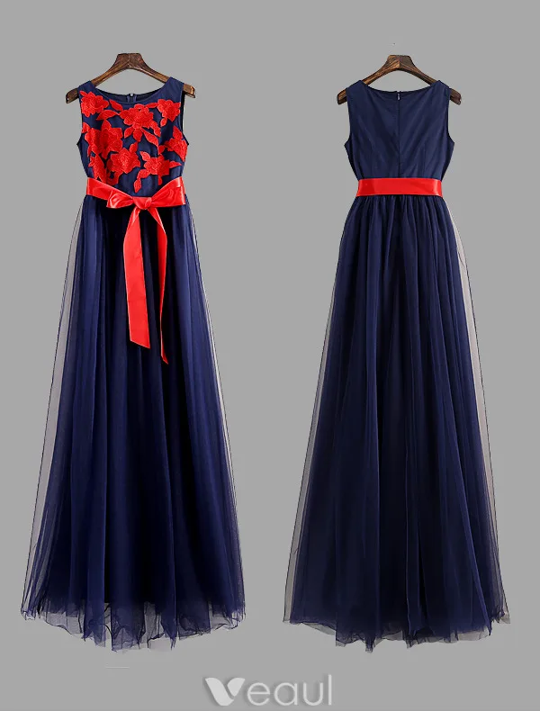 Charming Prom Dresses 2016 Empire Applique Red Lace Royal Blue Tulle Long Dress With Red Bow Sash