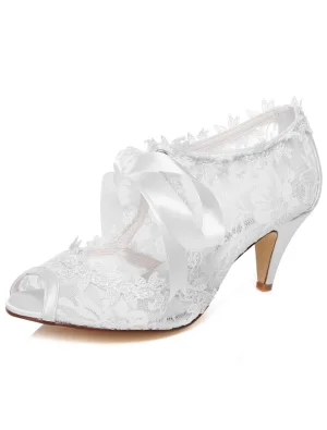 Belles Chaussures De Mariée Dentelle Stilettos Blanc Bottines De Mariée Bout Ouvert