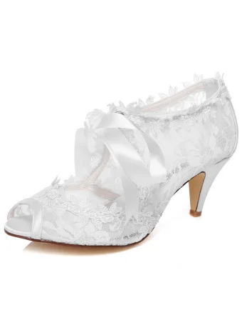 Beautiful Lace Wedding Shoes Stiletto Heels White Bridal Ankle Boots Peep Toe