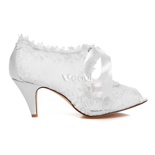 Belles Chaussures De Mariée Dentelle Stilettos Blanc Bottines De Mariée Bout Ouvert