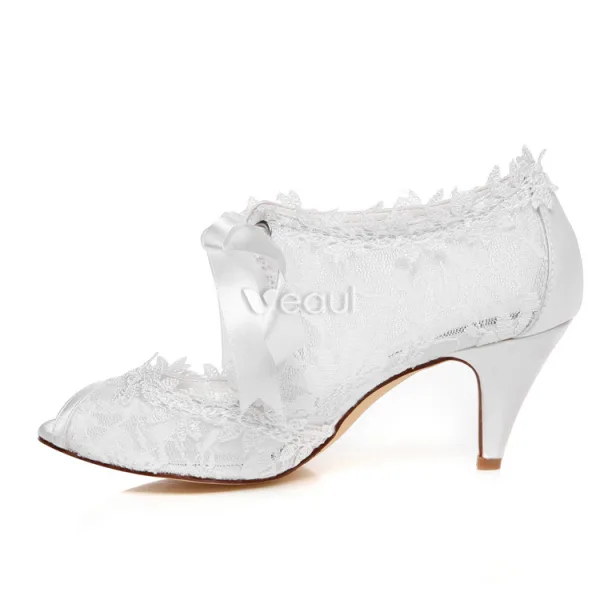 Belles Chaussures De Mariée Dentelle Stilettos Blanc Bottines De Mariée Bout Ouvert
